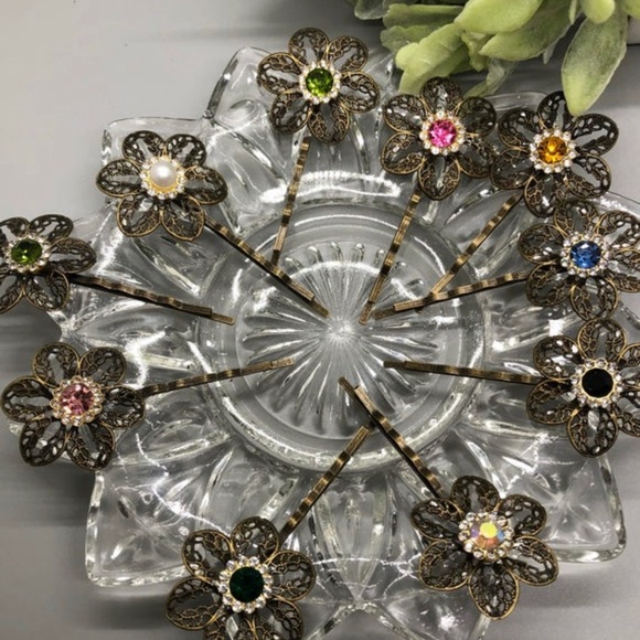 Blue Rhinestone Crystal Bobby pin Antique Bronze fashion accessories - Picture 2 of 3